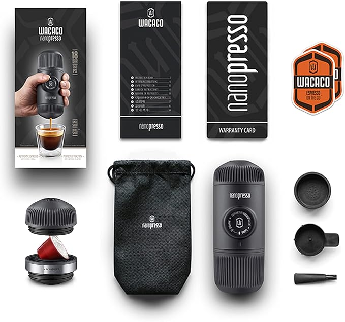 WACACO Nanopresso Portable Espresso Maker Bundled with NS Adapter, Compatible with NS Capsules and Ground Coffee, Compact Size 2.44"x2.8"x6.65", Manually Travel Coffee Machine Set, Perfect for Camping