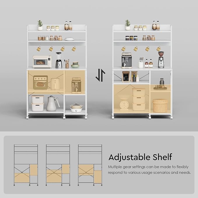 Kitchen Bakers Rack with Storage，Microwave Stand with Wheels，with Adjustable Shelves，Kitchen Shelves，Coffee Bar with 10 S-Shaped Hooks，35.4 * 15.8 * 61 Inches，White