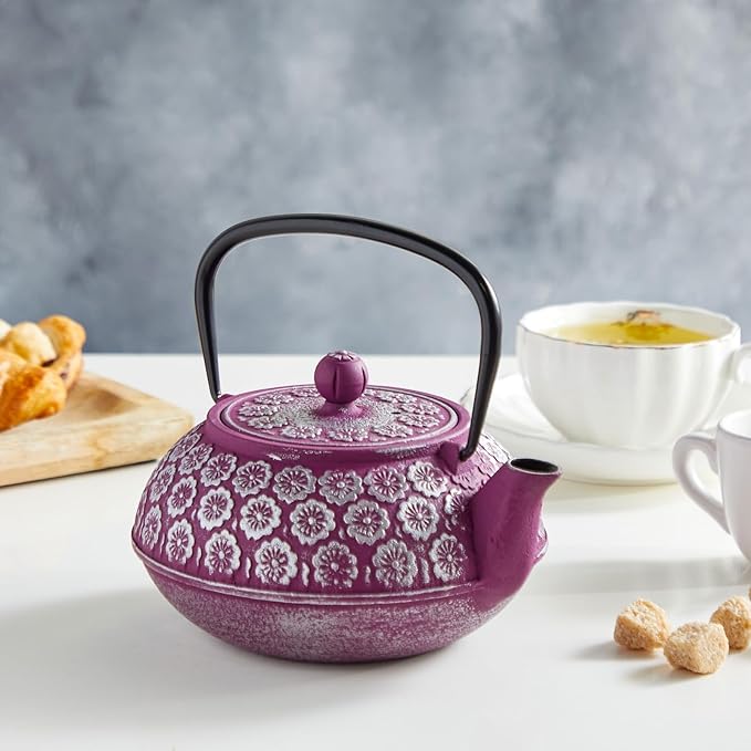 Juvale Cast Iron Tea Kettle with Infuser - Stovetop Brewing & Heat Retention - Floral Purple Cast Iron Teapot - Built-In Loose-Leaf Tea Infuser Pot - 34 oz, Medium