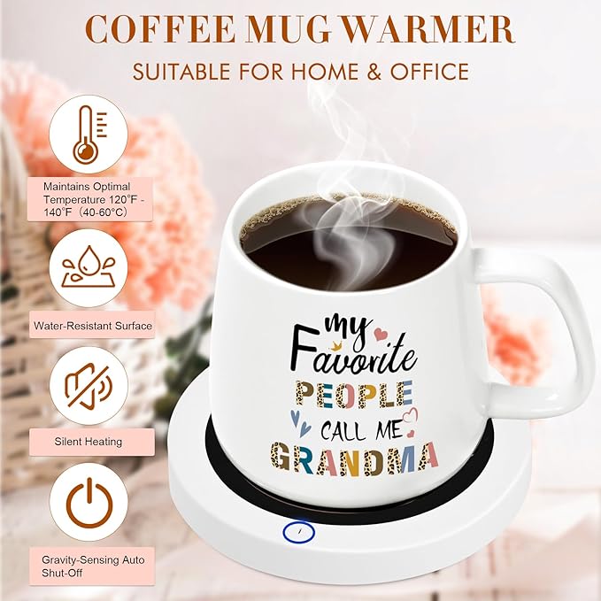 Coffee Mug Warmer, Coffee Cup Warmer for Desk, Gifts for Grandma, White Heated Coffee Warmer for Nana Home Office Christmas Birthday Gifts