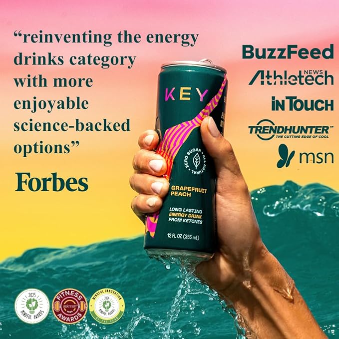 KEY Ketone Drink - Ketones for Energy & Focus, Sugar Free & Low Caffeine from Green Tea with L-Theanine, No Crash or Jitters, All Natural, Lightly Carbonated, Variety Pack (Pack of 12)