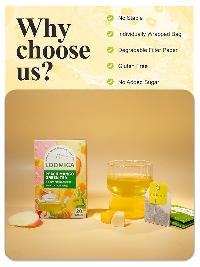 LOOMICA Mango Peach Green Tea, Fruity Tropical Green Tea Blend with Juicy Mango & Sweet Peach, Refreshing Hot or Iced Tea, No Artificial Sugar Added, 20 Count