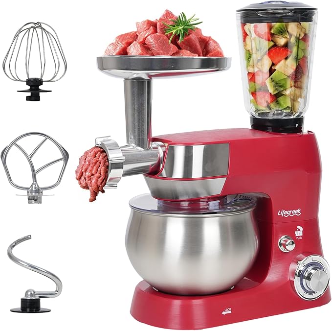 6-in-1 Multifunctional Stand Mixer, 5.3Qt 660W, 6-Speed Tilt-head, Electric Kitchen Mixer with Stainless Steel Bowl,Meat Grinder, Juice Blender (Red)
