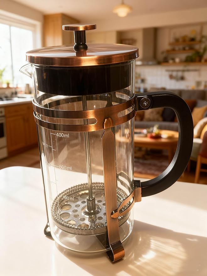 Coffee Maker 304 Stainless Steel French Press with 4 Filter, Heat Resistant Durable, Borosilicate Glass Coffee Press, 100% BPA Teapot, 21 ounce, copper