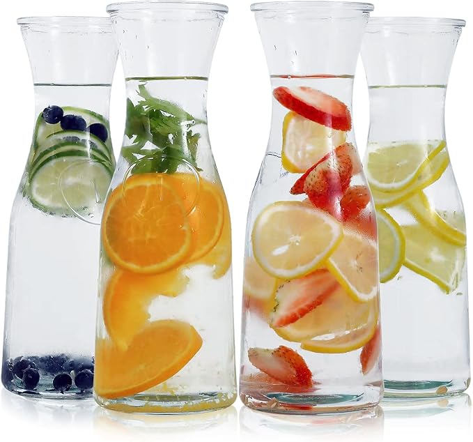 Set of 4 Glass Carafe with Lids, 1 Liter Beverage Pitcher Carafe for Mimosa Bar, Lemonade - 4 Wooden Chalkboard Tags Included