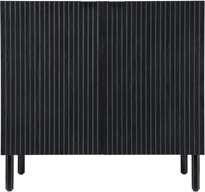 SANGO Merk 2-Door Cabinet, Modern Black Storage Cabinet with Vertical Groove Doors, Adjustable Shelf, Cylindrical Wood Legs, Discreet Metal Finger Pulls, Stylish Furniture for Living or Dining Room
