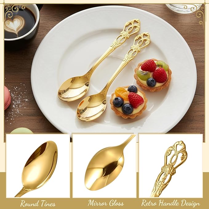 Dandat 20 Pcs 4.9" Gold Luxury Teaspoons Stainless Steel Gorgeous Tea Party Spoons Dessert Spoons for Stirring Coffee Sugar Drink Kitchen Cafe Bar Wedding Tableware, Vintage Style