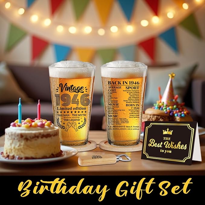 Funny 80th Birthday Gifts for Men 80 Year Old Birthday Gifts Vintage 1946 Beer Drinking Glass Happy Anniversary 80th Birthday Party Supplies Decoration for Beer Lover Boyfriend Dad Husband - 2026