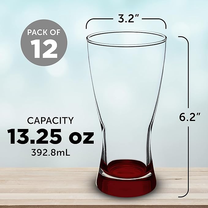 DISCOUNT PROMOS Pilsner Glasses 13.25 oz. Set of 12, Bulk Pack - Made in the USA, Perfect for Hotels, Restaurants, Bars and Even Party Favors - Red