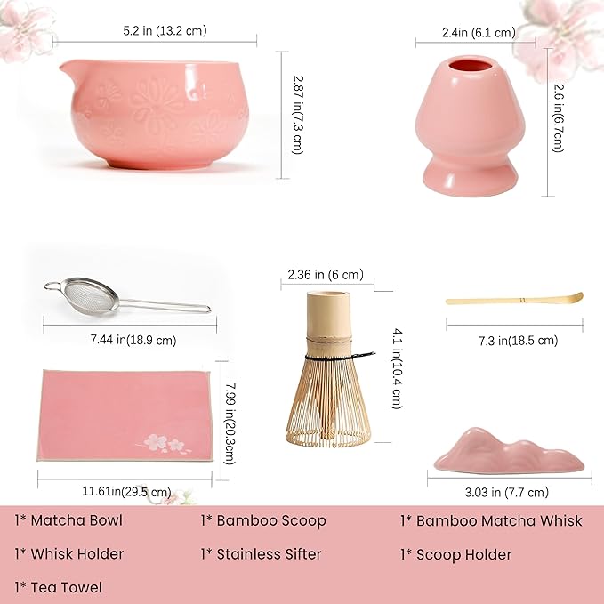 Matcha Whisk Set Traditional Matcha Set with Matcha Bowl | Complete Matcha Kit for Japanese Tea Ceremony - Pink
