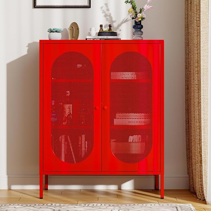 Metal Storage Cabinets with Doors and Shelf, Modern Accent Cabinet with High Feet, Display Cabinets with 2 Mesh Doors, Red Dresser for Home, Office, Living Room,Dining Room,Hallway and Entryway