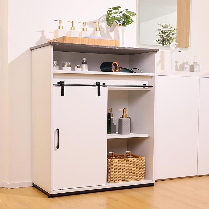 ALBAD Coffee Bar Cabinet/Table, 32" Buffet Sideboard with Sliding Barn Door and Storage Shelves, Farmhouse Wood Kitchen/Accent Storage Cabinet White Walaut