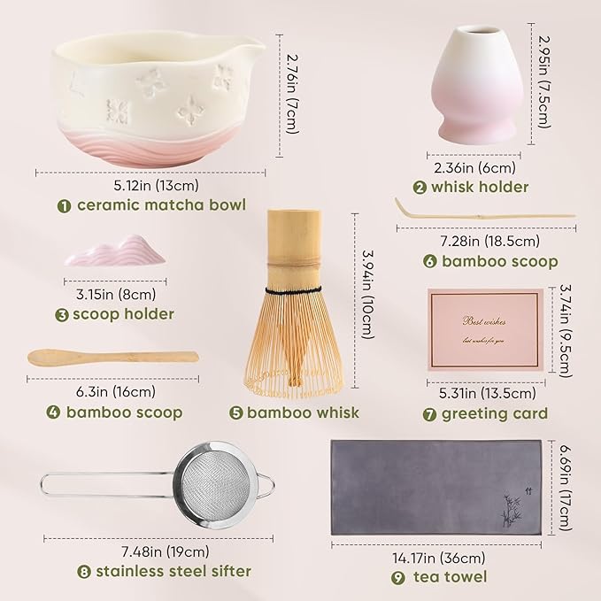 Matcha Whisk Set - Traditional Bamboo Chasen with Bowl, Complete Matcha Tea Making Kit & Starter Tools for Authentic Japanese Ceremony (Pink02, 8pcs/set,Bowl entry-level Set)