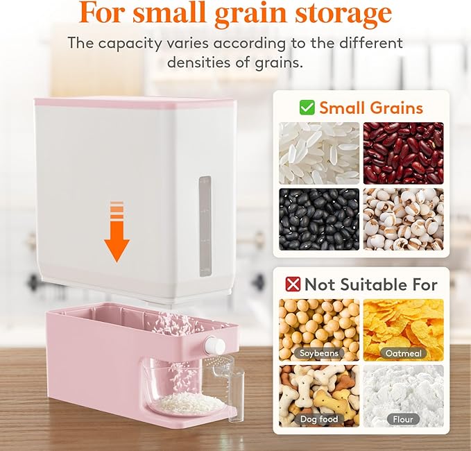Lifewit Rice Dispenser 25 Lbs(11.3kg), Rice Storage Container Sealed Moisture Proof with Measuring Cup for Kitchen Pantry Household, BPA-Free, Pink