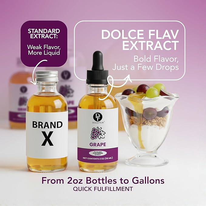 Dolce Flav Grape Extract – 2 Ounce Oil-Soluble Kosher, Sugar-Free, Concentrated Fruit Flavor for Candy, Chocolates & Desserts, Includes Measured Dropper