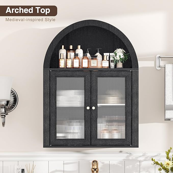 Arched Bathroom Cabinet, Wall Mounted Bathroom Cabinet with Tempered Glass Doors and Adjustable Shelf, for Kitchen, Living Room, Laundry Room, Restroom, Black