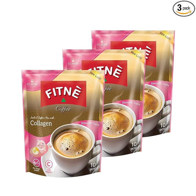 FITNE Instant 3 In 1 Coffee Packets Mix With Natural Hydrolyzed Collagen Vitamin C Smooth Blend Tasty Aromatic No Sugar Sucralose Sweetener, 30 Sachets