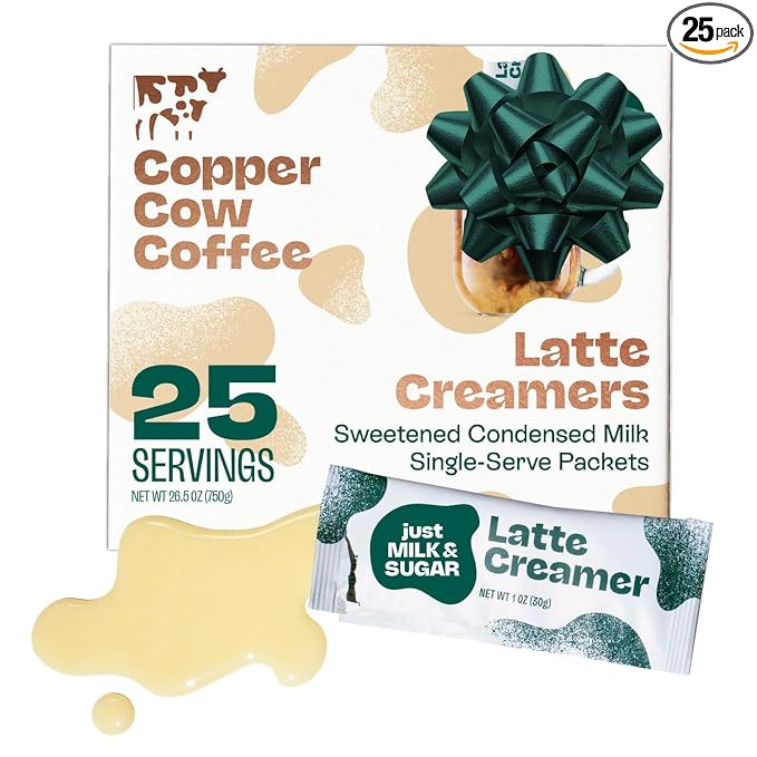 Copper Cow Coffee Sweetened Condensed Milk Coffee Creamer Singles (25 pack) | Vietnamese Inspired Coffee Creamer, All Natural Creamer Packets for Pour Overs & Lattes | No Refrigeration Needed
