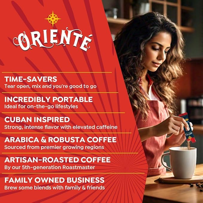 Oriente Dark Roast Instant Coffee, 40 ct, Authentic Cuban Coffee Inspired Style, 100% Arabica Coffee, Instant Hot or Iced - Just add water