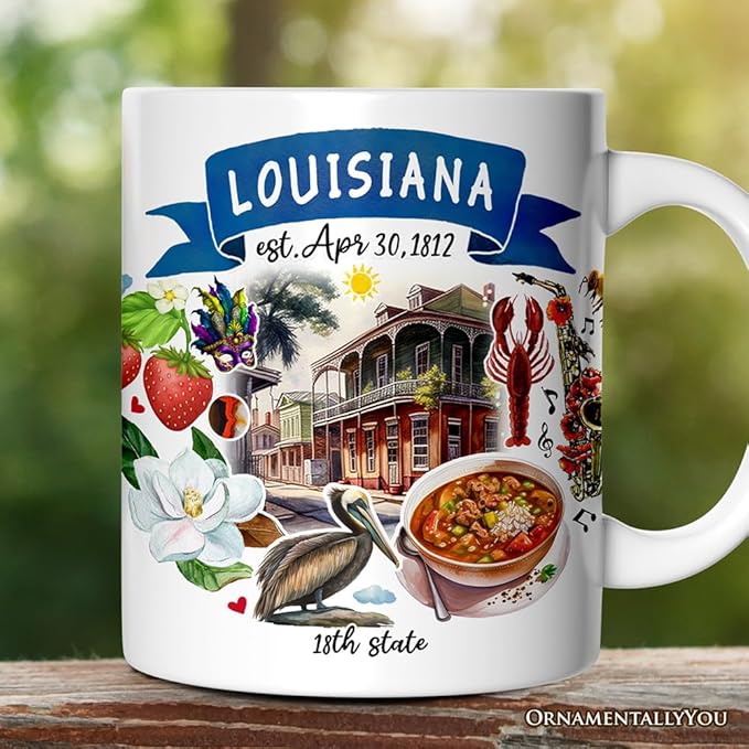 OrnamentallyYou State Travel Landmark Mugs – 12 oz Ceramic Coffee Cups, U.S. Souvenir Gift for Tourists (Artistic Louisiana State Themes and Landmarks Mug)