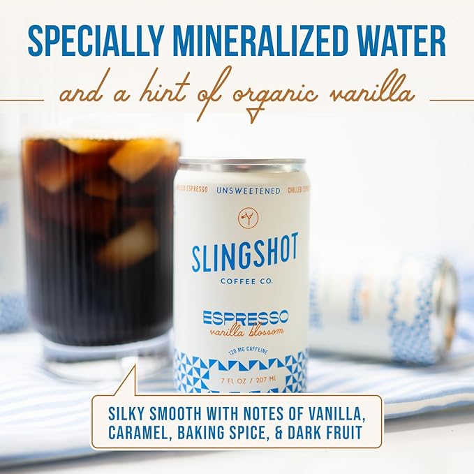Chilled Espresso - Vanilla Blossom Ready-to-Drink Coffee, 7oz Cans (12 Pack) | Organic Italian Espresso Blend with Smooth Vanilla, with Notes of Caramel, Baking Spice & Dark Fruit