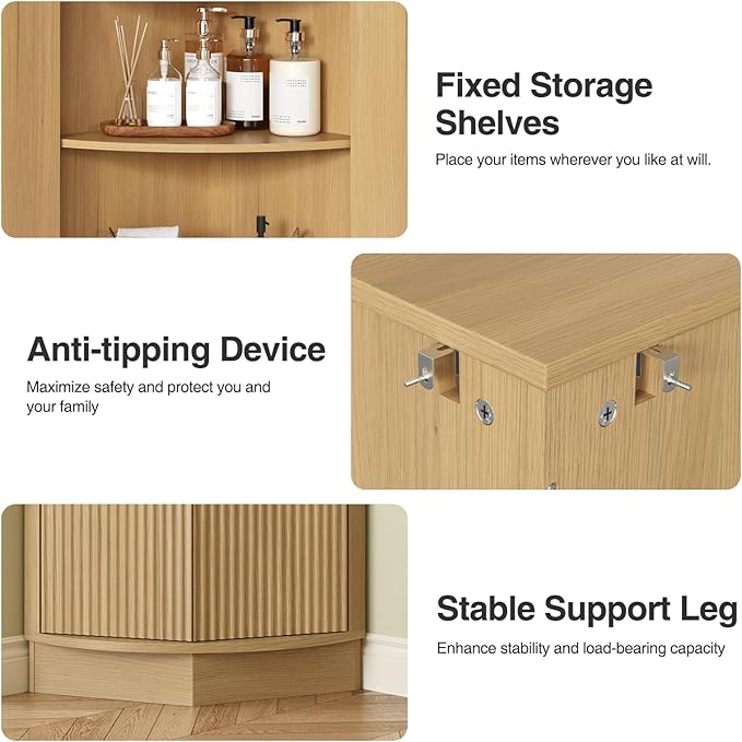 Corner Bathroom Cabinet, Modern Small Corner Cabinet with Fluted Door and Open Shelf, Space Saver for Bathroom, Living Room, Kitchen, Natural