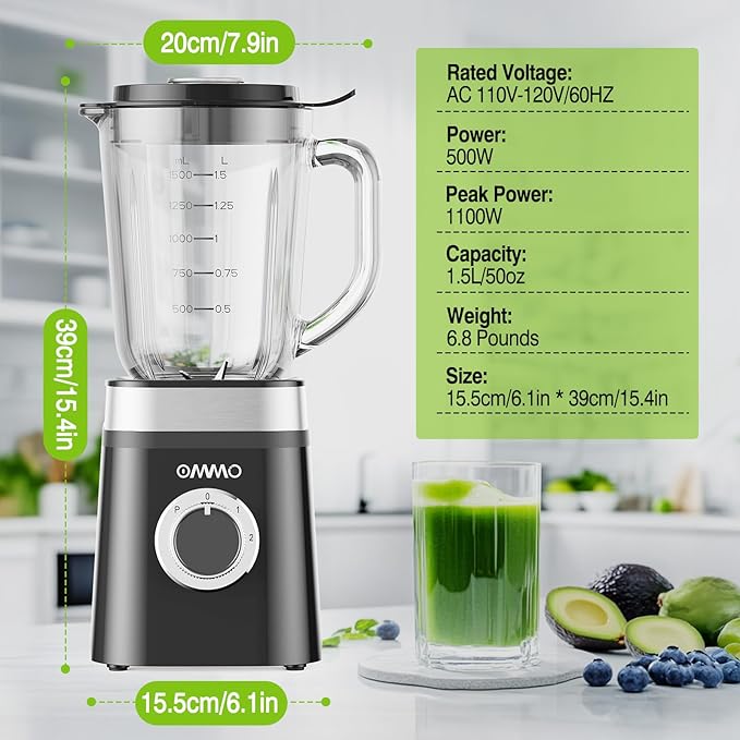 OMMO Blender, Professional Smoothie Blender with 4 Stainless Steel Blades, 50oz Glass Blenders for Kitchen with 2 Speed&Pulse, Dishwasher Safe for Ice Crush, Smoothies, Nuts, Frozen Drinks and Fruits