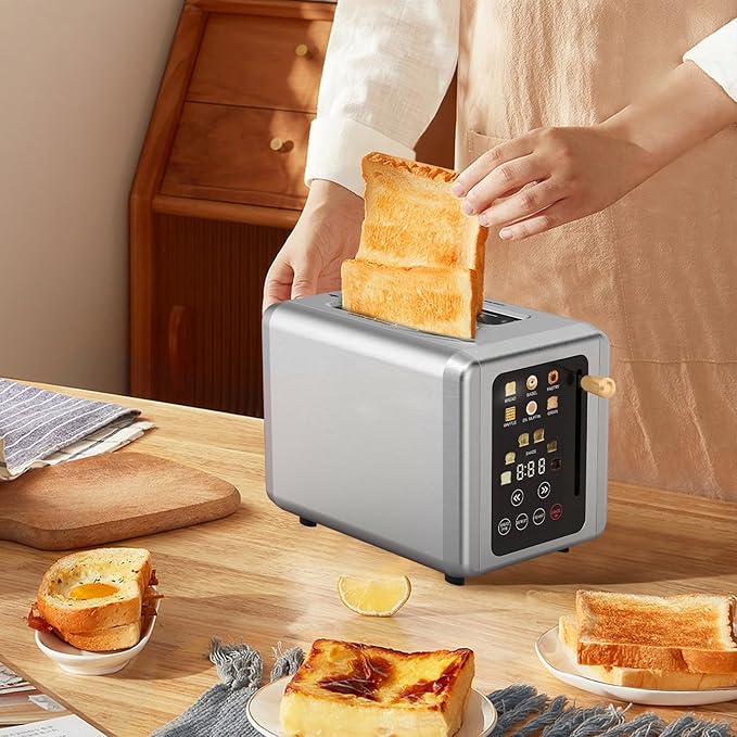 WHALL Touch Screen Toaster 2 Slice, Stainless Steel Digital Timer Toaster with Sound Function, Smart Extra Wide Slots Toaster with Bagel, Cancel, Defrost (gold))