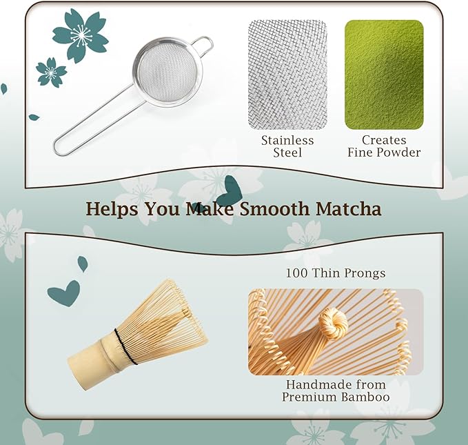 7 Pcs Matcha Kit, Matcha Bowl with Spout, Bamboo Whisk And Scoop, Ceramic Holder And Scoop Rest, Stainless Steel Sifter, Tea Towel. Speckled Green Glaze Matcha Whisk Set for Beginners And Gifting