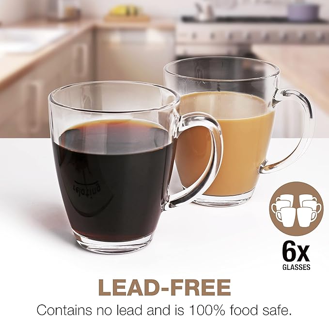 Eparé 12 oz Clear Tempered Glass Coffee Mugs Set of 6 for Hot Beverages - Durable - Giftable Tea & Coffee Glass Cup with Handle