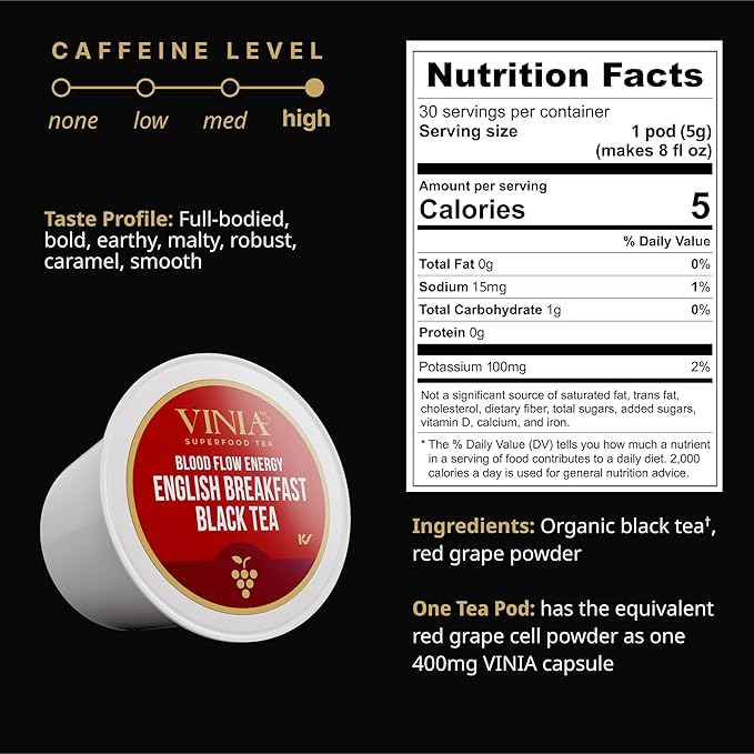 VINIA English Breakfast Black Tea K-Cup Pods, Made with Organic Tea, Infused with Piceid Resveratrol for Heart Health, Nitric Oxide, Physical Energy, Blood Flow, Keto, Kosher, NON-GMO. 30 Ct