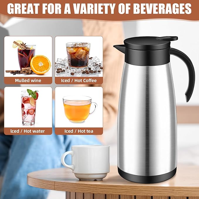 Uiifan 2 Pcs 51 Oz Thermal Coffee Carafe Stainless Steel Insulated Vacuum Coffee Carafes Double Walled Vacuum Thermal Pot Flask with Brushes for Keeping Cold Hot Tea Water Milk Home Office (Silver)