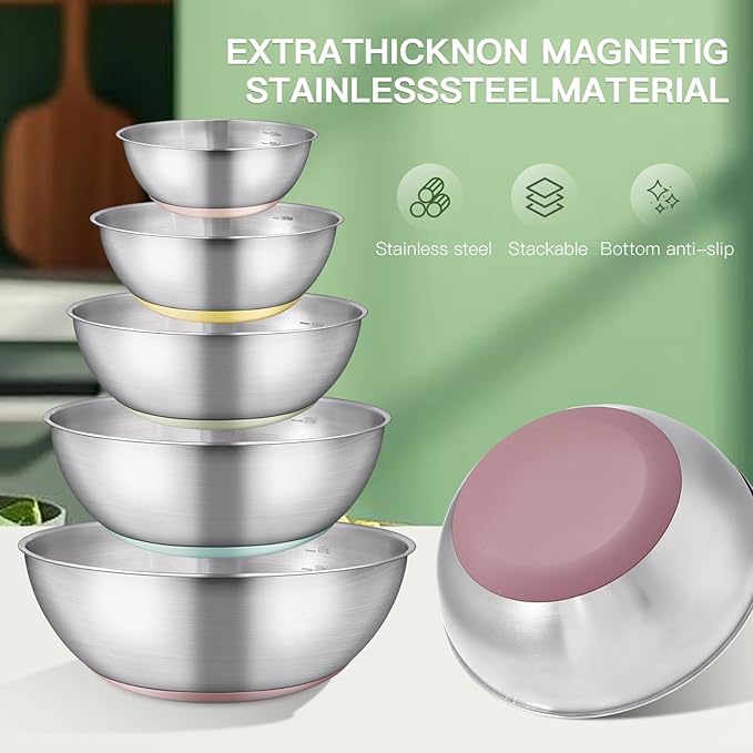 Stainless Steel Mixing Bowl Set - High - Quality, Durable and Rust - Resistant for Baking, Cooking, and Salad Making,Kitchen meal preparation,Great for Mixing & Serving,Anti slip silicone rubber base