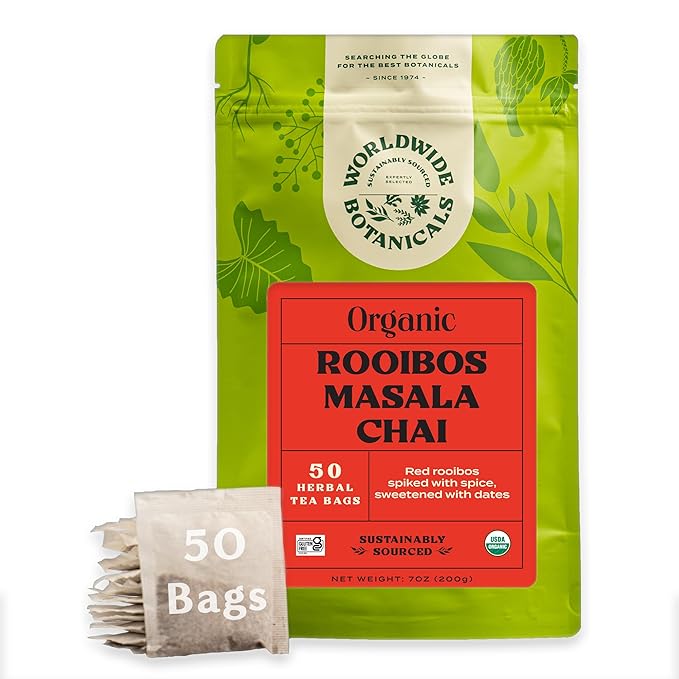 Worldwide Botanicals Rooibos Masala Chai Herbal Tea, 50 Tea Bags - Organic, Caffeine Free, Kosher, 50% More Herbs - 50 Tagless Eco-Friendly Tea-Bags