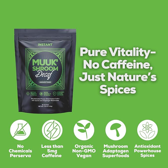 MUUK' SPICED DECAF | Decaffeinated Mushroom Coffee | Cacao, Cinnamon & Cardamom | Adaptogen Mushroom Blend | Better Focus, More Energy and Stronger Immune Defense | 4.7oz (135g) 30 Servings