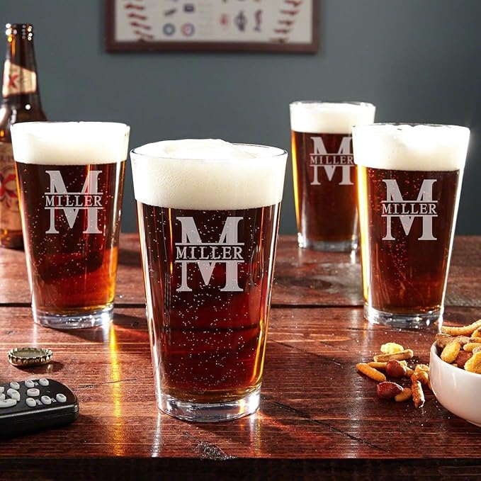 HomeWetBar Custom Pint Glasses Set of 4 - Personalized Beer Glasses Set, Marquee Beer Pint Glasses