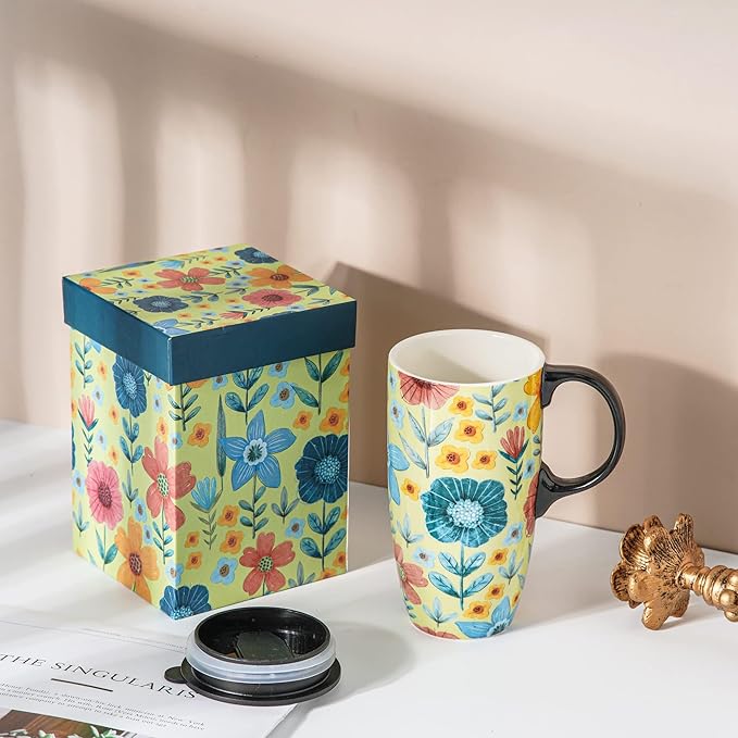 DUSVALLY Ceramic Coffee Mug Travel Cup Gift with Lid 17oz, Tea Cup with Handle for Latte, Cappuccino and Cocoa, Home and Office Porcelain Coffee Cups, Green Flower