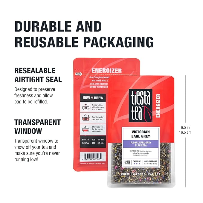 Tiesta Tea - Victorian Earl Grey, Loose Leaf, Floral Earl Grey Black Tea, Premium Blend, High Caffeinated Black, Make Hot or Iced Brews Up to 25 Cups, 1.8 Ounce Resealable Pouch