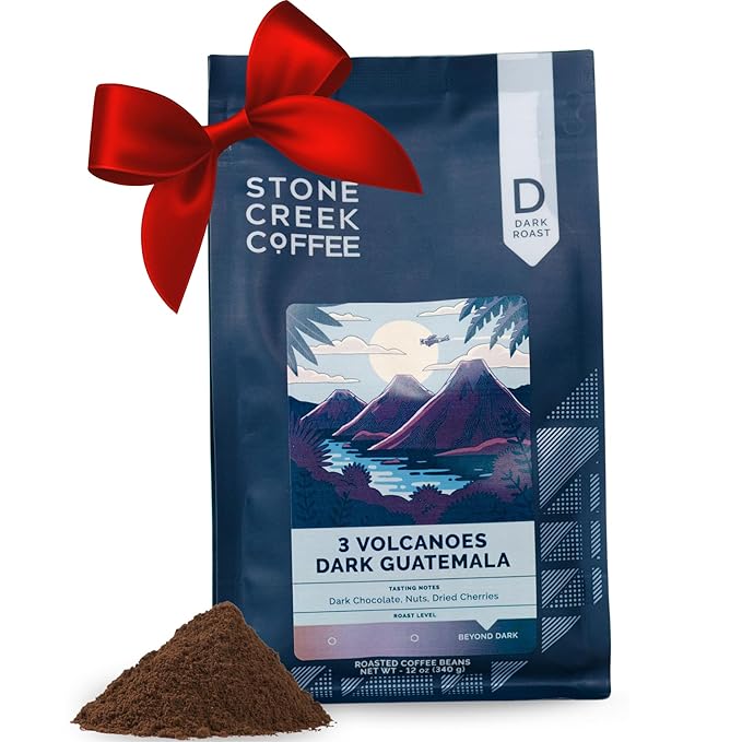 Stone Creek Coffee Dark Roast Ground Coffee – 12 Ounce (Pack of 1) – Smooth and Chocolatey Fresh Roasted Coffee Beans with Rich and Fruity Tasting Notes, 3 Volcanoes Dark Guatemala