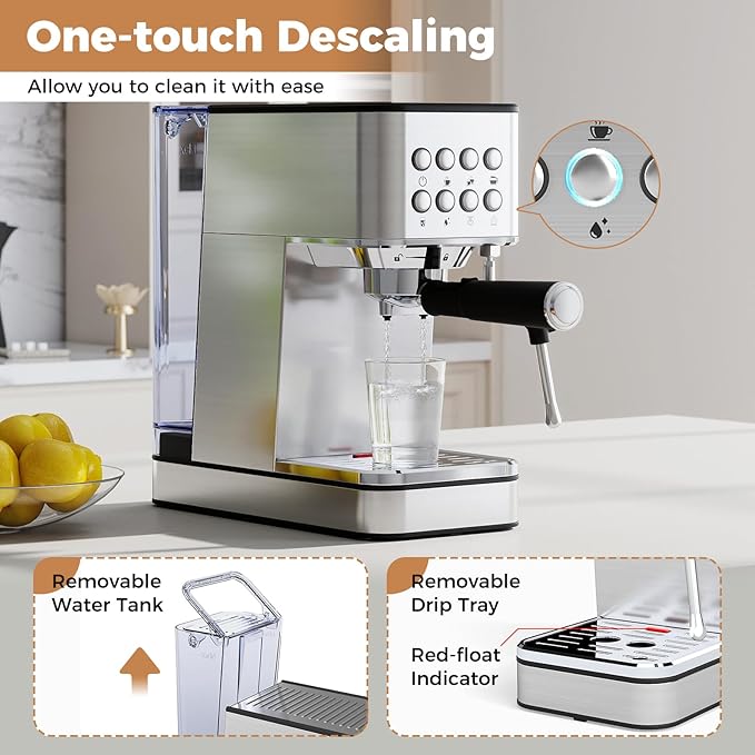 COSTWAY Espresso Machine 20 Bar, Compact Stainless Steel Coffee Maker with Milk Frother, 57OZ Removable Water Tank and Hot Water Function for Late, Cappuccino and Cold Brew
