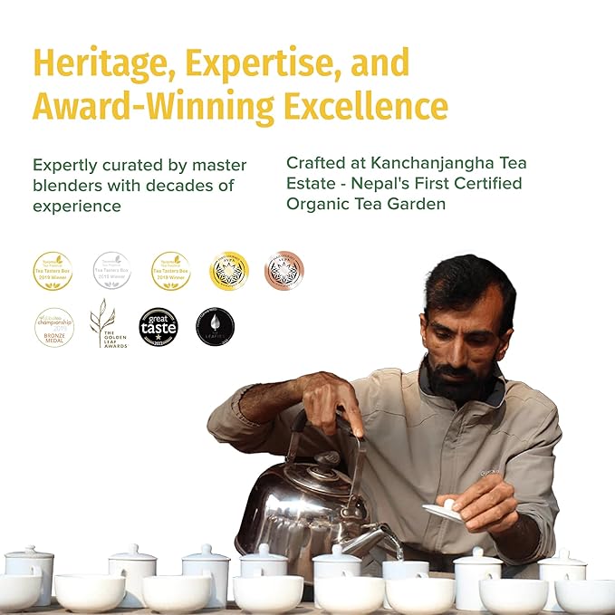 NEPAL TEA Organic Herbal Chai Tea Bags from the Himalayas - 15 Pyramid Tea Bags, Single Origin Chai Tea from a Family Farm - Caffeine Free Tea Bags with Loose Leaf Tea Inside (Kathmandu Cosmos)