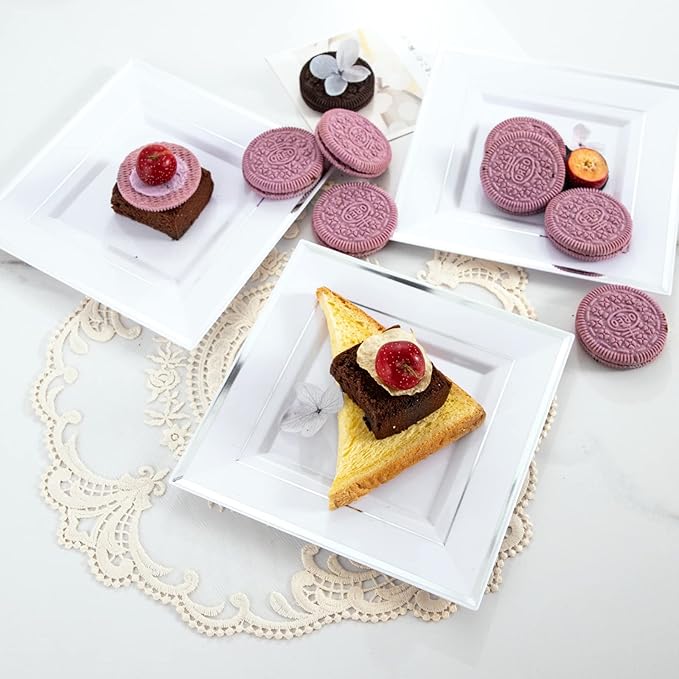 bUCLA 100PCS White and Silver Square Plastic Plates - 6inch Disposable Dessert Plates - Suitable for Weddings, Parties, Christmas