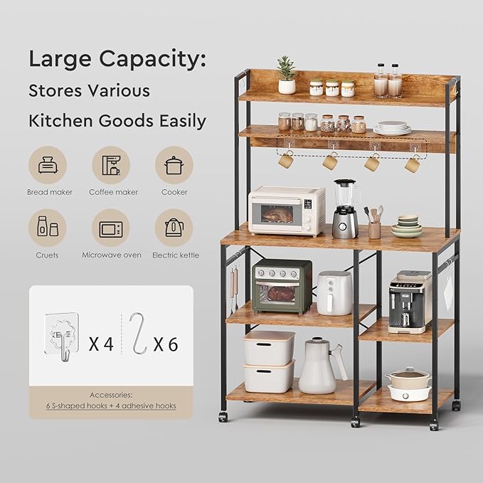 Kitchen Bakers Rack with Storage，Microwave Stand with Wheels，with Adjustable Shelves，Kitchen Shelves，Coffee Bar with 10 S-Shaped Hooks，35.4 * 15.8 * 61 Inches，Rustic Brown