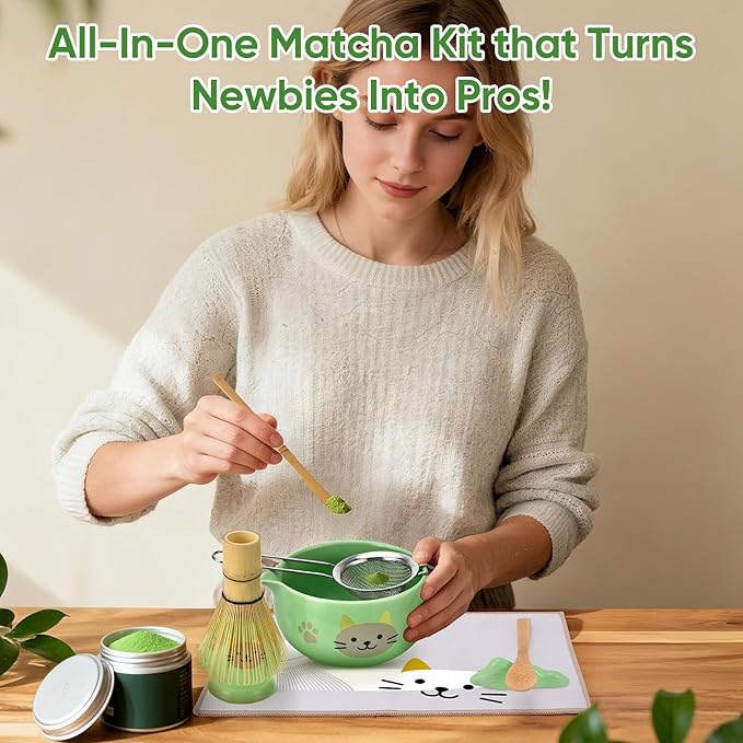 Matcha Whisk Set, 8Pcs Matcha Set for Ceremony, Matcha Whisk and Ceramic Bowl with Matcha Scoop & Sifter and All Accessories for Breakfast, Afternoon Tea, Ideal Gift Christmas, Anniversary