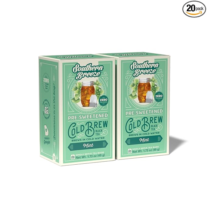 Southern Breeze Cold Brew Sweet Tea Mint Iced Tea with Black Tea and Zero Carbs Zero Sugar, 20 Individually Wrapped Tea Bags (Pack of 2) Southern Sweet Tea Iced Tea Beverage