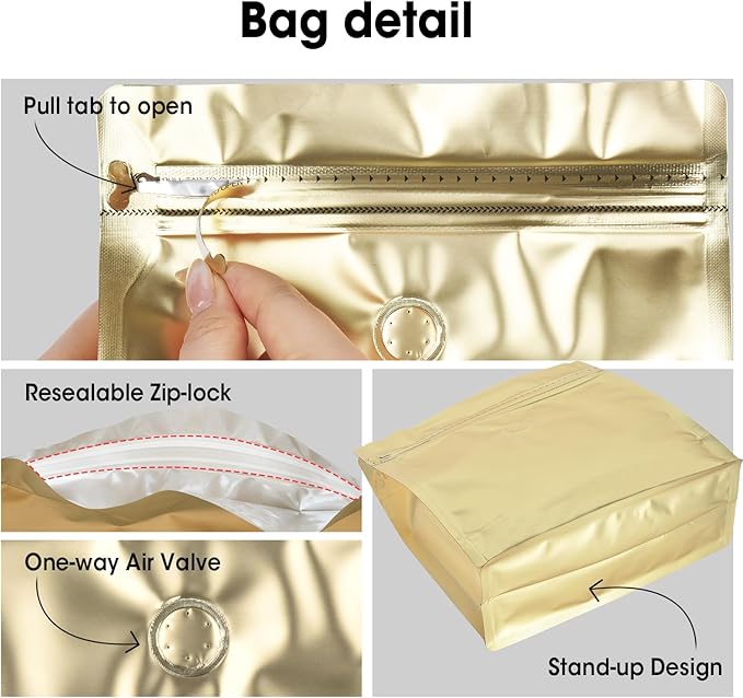 50 Count 8oz Coffee Bags with Valve,1/2 lb Vented Coffee Beans Packaging Bags High Barrier Aluminumed Foil Flat Bottom Heat Sealed Side Zipper Resealable Storage Bag for Home or Business（Gold）