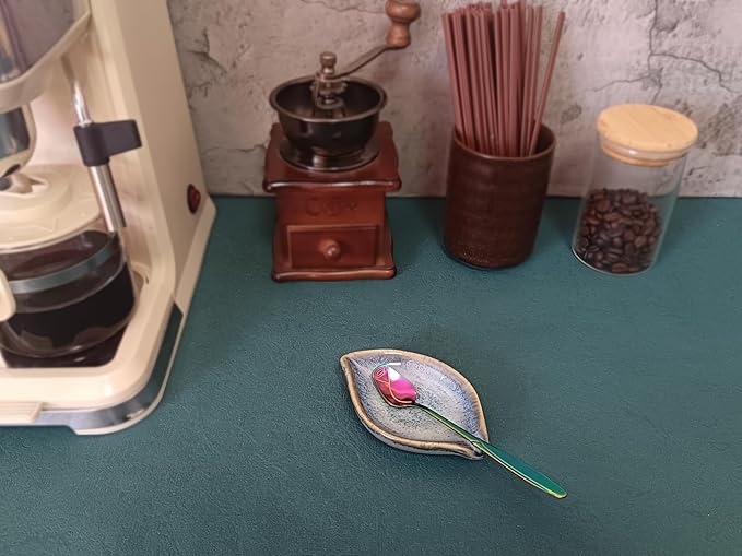 Coffee Spoon and Rest for Coffee Bar Accessories, Leaf Small Spoon Rest for Coffee Station, Tea Spoon Rest Tea Spoon Holder Teaspoon Rest, 1 PC (Retro Sea Blue with Rainbow Rose Spoon)