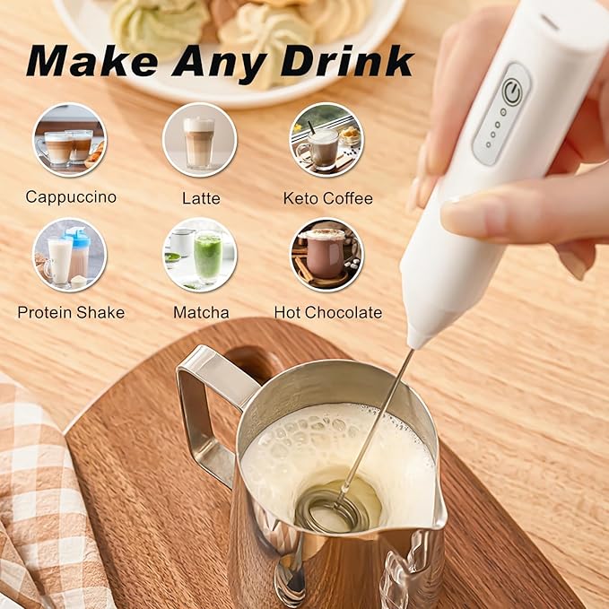 Rechargeable Milk Frother Handheld, USB-C Coffee Foam Maker with Stainless Steel Whisk ＆ 3 Speeds, Coffee Frother Electric Hand Drink Mixer Stirrer for Matcha, Powder Drink, Frappe, Xmas Gift (White)