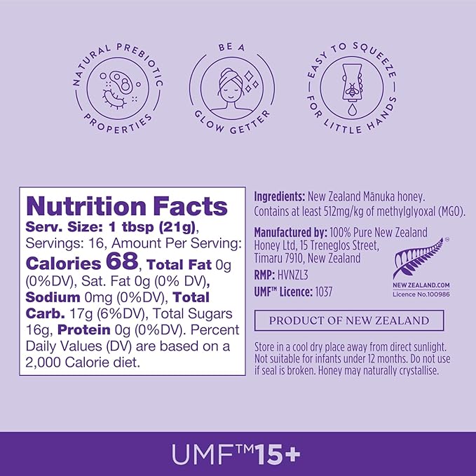 100% Pure New Zealand UMF 15+ MGO 512+ Manuka Honey Squeeze Bottle Raw & Unfiltered Certified Award Winning Silky Smooth Taste & Texture 12 Oz