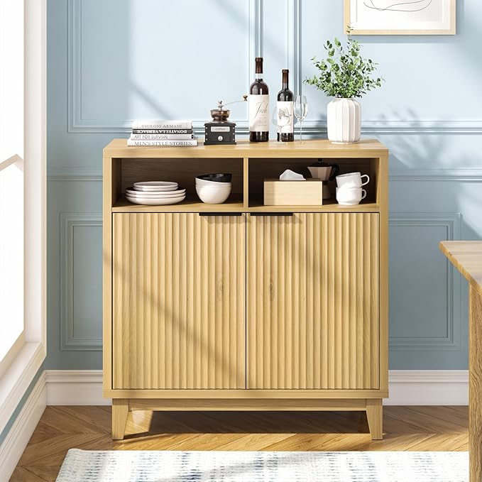 Modern Buffet Cabinet with Fluted Doors, Solid Wood Legs & Thickened Top, 31.5" Multi-Functional Storage Sideboard for Kitchen, Dining Room, Hallway (Natural Wood, 1 PCS)